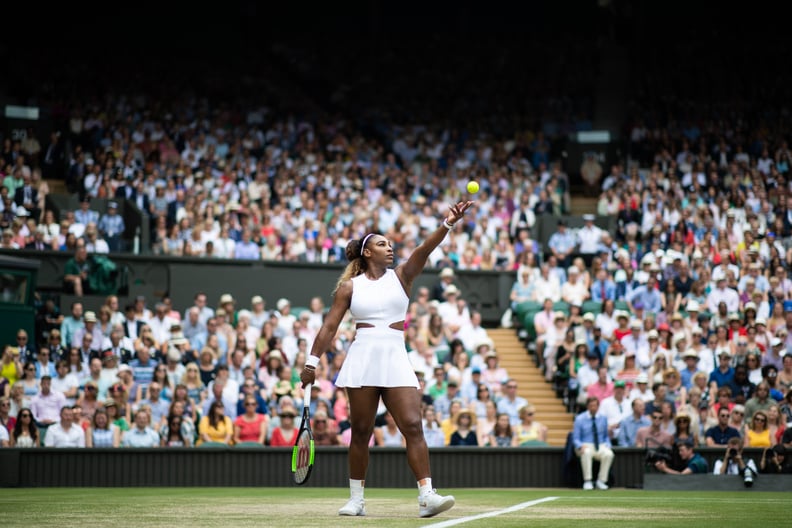 LONDON, ENGLAND - JULY 13: Serena Williams of USA in action during the Women's Singles Final against Simona Halep of Romania (not pictured) at The Wimbledon Lawn Tennis Championship at the All England Lawn and Tennis Club at Wimbledon on July 13, 2019 in 
