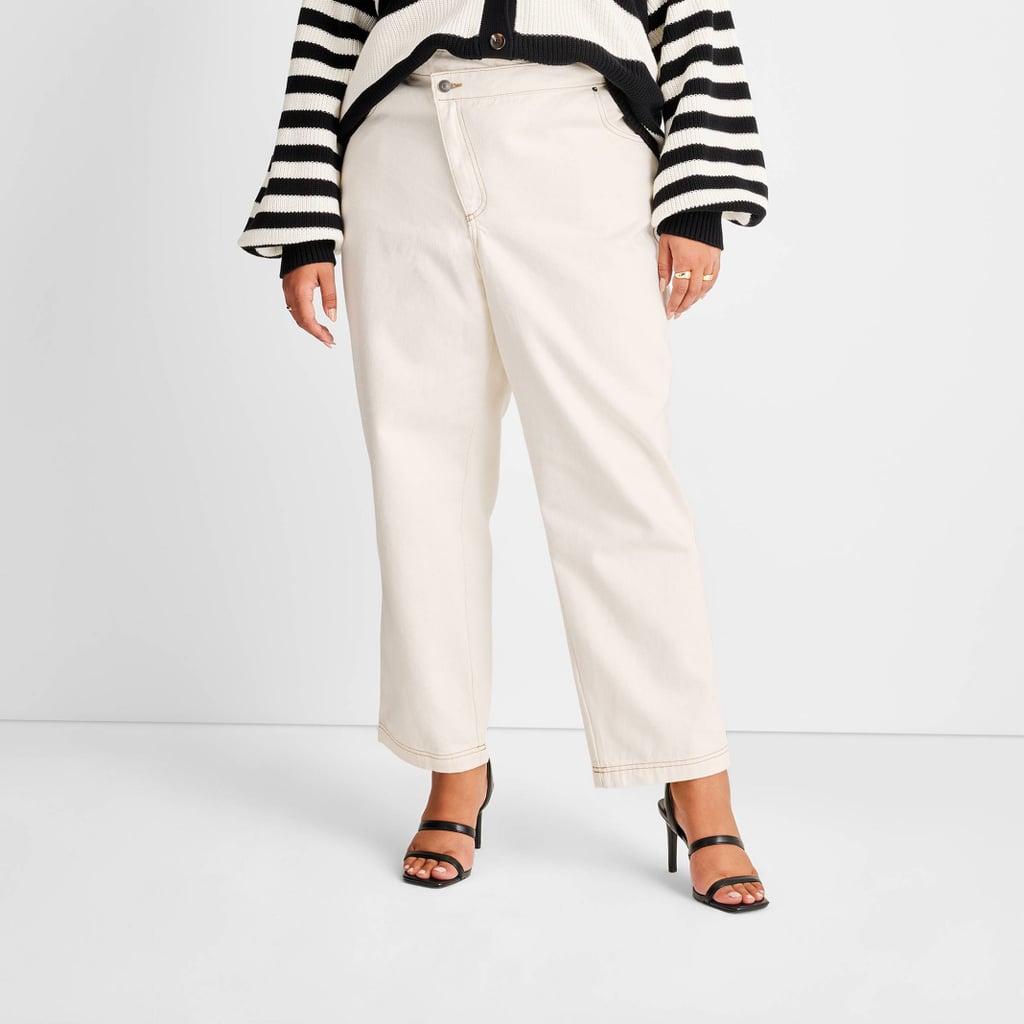 White Jeans: Future Collective with Kahlana Barfield Brown Overlap Waist Straight Leg Jeans