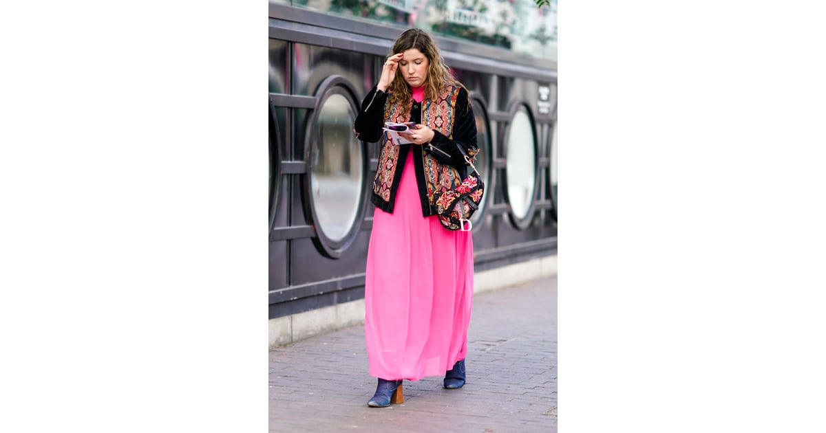 Style an embroidered jacket over a bright pink maxi dress. | How to ...