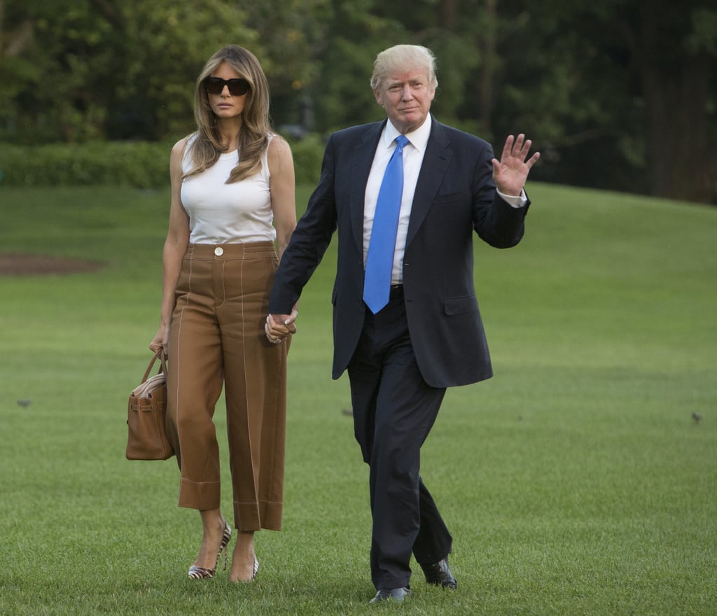 It's not the only time she allowed them to amp up a neutral outfit. In June 2017, Melania arrived at the White House wearing the same shoes, which finished her combination of a Dolce & Gabbana tank, Bally pants, and her Hermès Birkin bag.