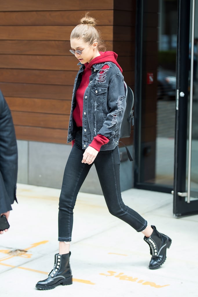 Gigi Hadid Wearing Distressed Denim Jacket
