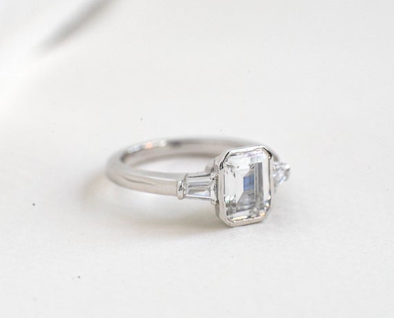Emerald Cut Engagement Ring - Sterling Silver Solitaire Ring - Art Deco Cubic