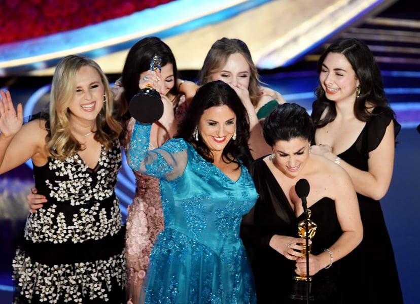HOLLYWOOD, CALIFORNIA - FEBRUARY 24: Melissa Berton (center L) and Rayka Zehtabchi (center R) accept the Short Film (Live Action) award for 'Period. End of Sentence.' onstage during the 91st Annual Academy Awards at Dolby Theatre on February 24, 2019 in H