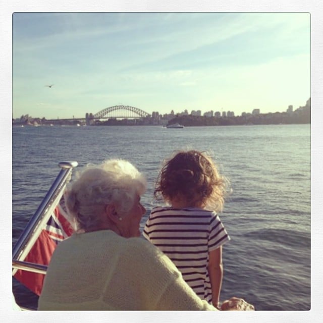 Miranda took a photo of Flynn looking out at the water with her grandmother. 
Source: Instagram user mirandakerr
