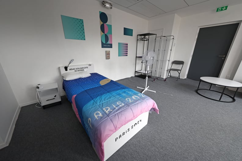 PARIS, FRANCE - JULY 23: A cardboard bed inside an athletes' room at the Olympic Village in Paris, France. The Paris Olympics will be held from July 26 to August 11. (Photo by VCG/VCG via Getty Images)