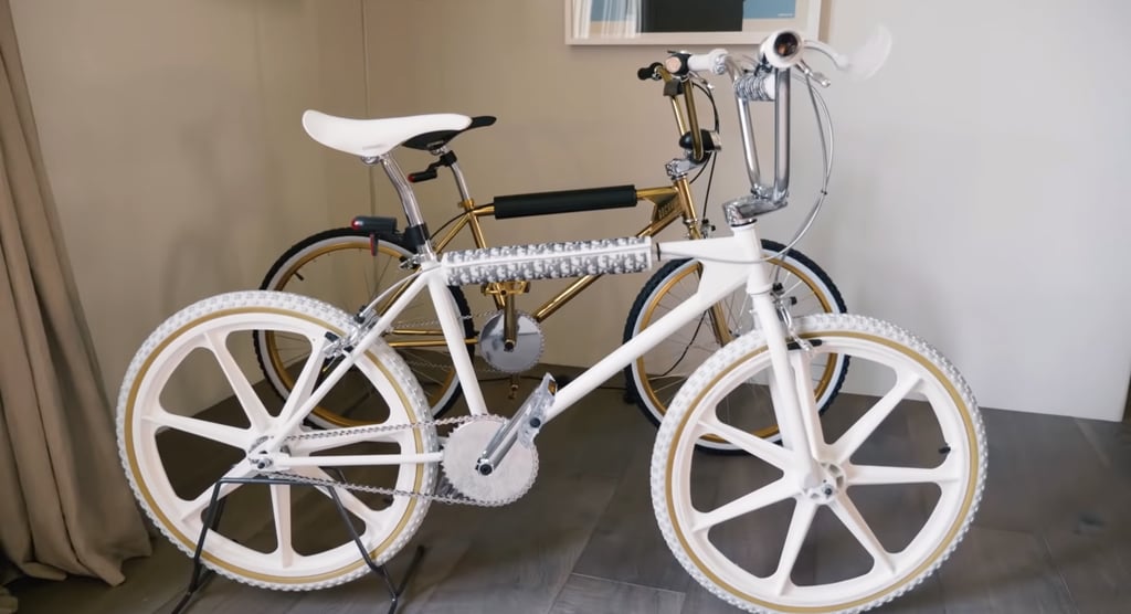 Barker has a collection of BMX bikes, and while the majority are at his studio, on display here are two rare models by Dior. The white one was a regift from Kendall Jenner, while the gold bike was one that LeBron James had evidently ordered, but never picked up at the store.