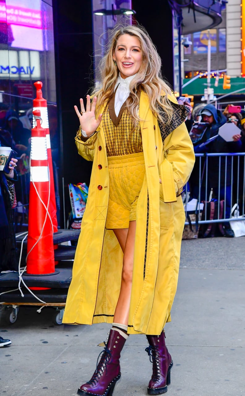 Blake Lively Wearing Yellow Fendi Shorts Outside of Good Morning America in NYC