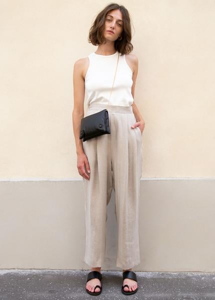 Herringbone Linen Pleated Pants in Rice Paper