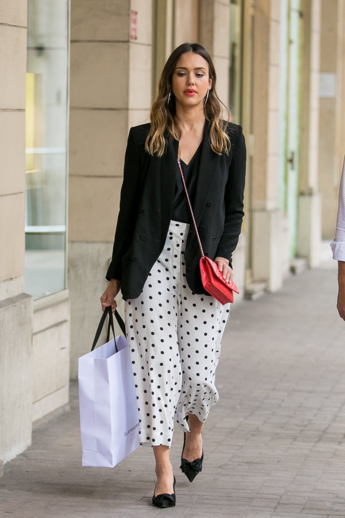 Jessica Alba's high-waist pants also come with an adorable print. Sure, that could be a lot of look, but she tempered the statement pants with a blazer and pointed-toe flats.