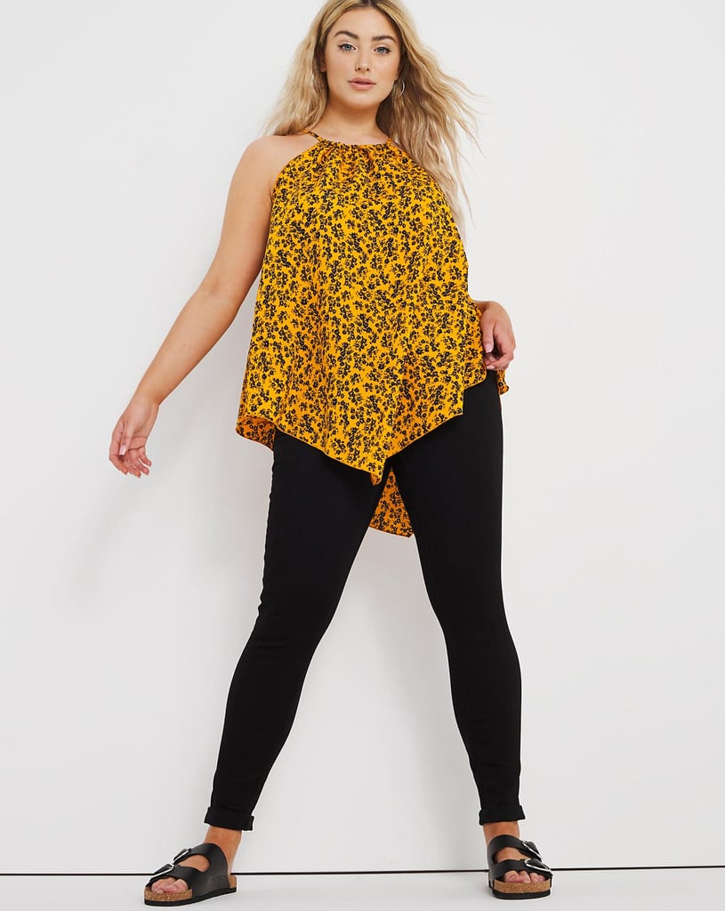 Simply Be Yellow Ditsy Floral Print Hanky Hem Halterneck Top