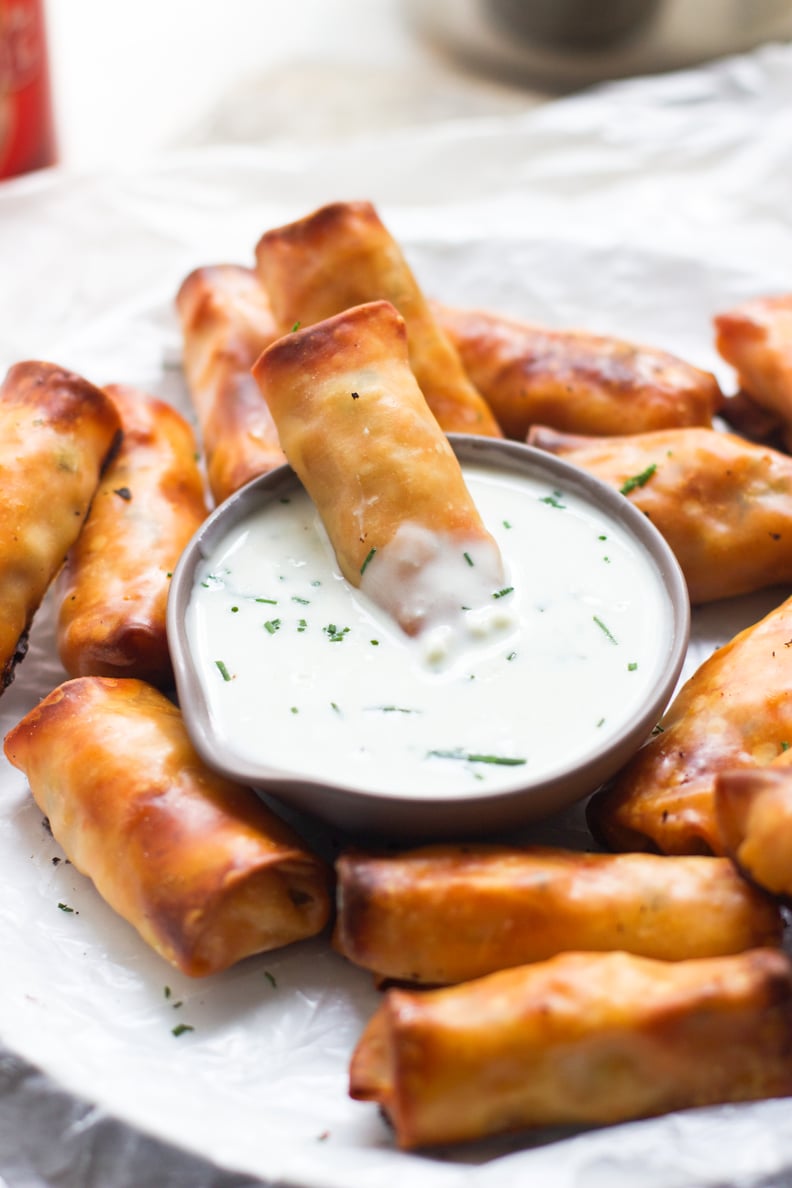 Baked Buffalo Chicken Egg Rolls With Blue Cheese Sauce