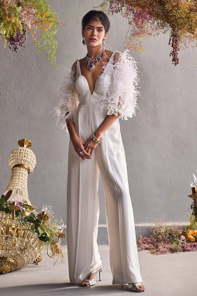 Wedding Jumpsuits: Aza White Crepe Feather Fringe Jumpsuit