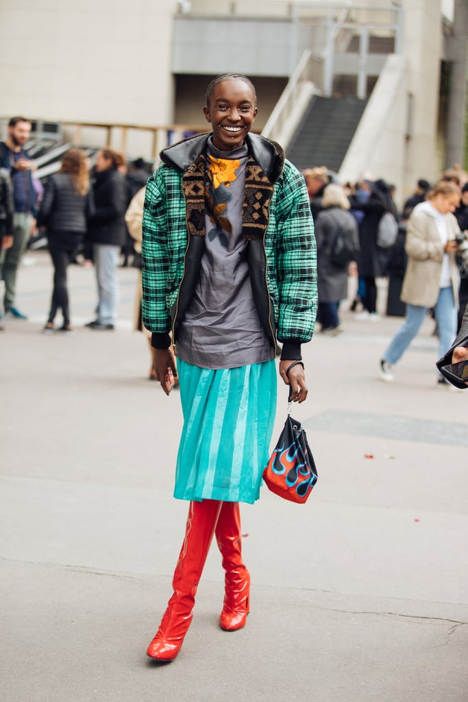 Winter Outfit Idea: A Plaid Coat and Colorful Skirt