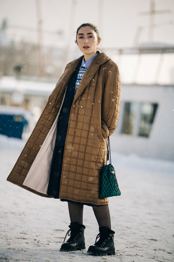 Team up a midlength quilted jacket with a chunky combat boot that hits just above the ankle.
