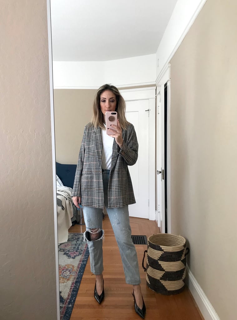 Old Navy Patterned Boyfriend Blazer With Ripped Jeans