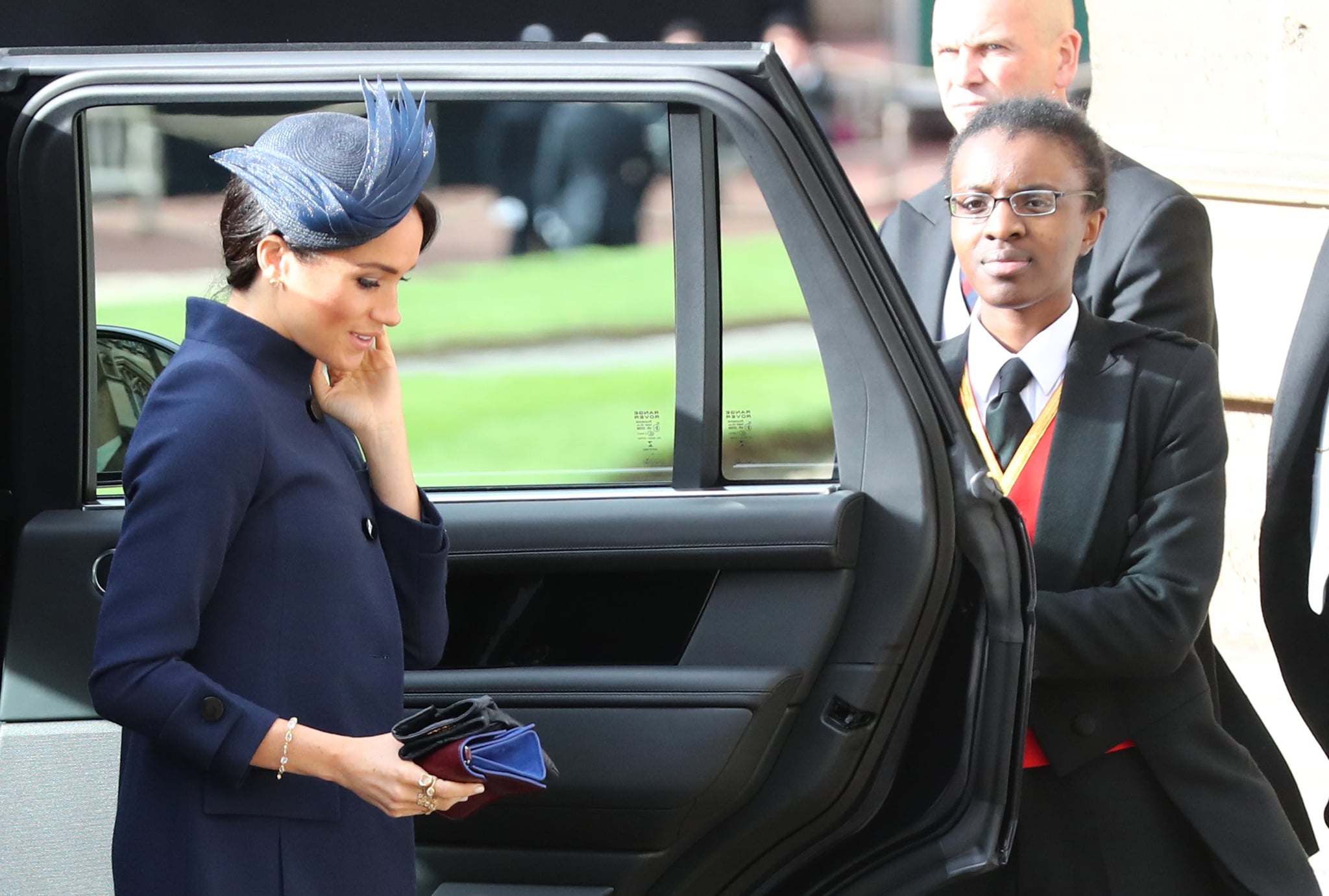 WINDSOR, ENGLAND - OCTOBER 12: Meghan, Duchess of Sussex arrives ahead of the wedding of Princess Eugenie of York to Jack Brooksbank at Windsor Castle on October 12, 2018 in Windsor, England. (Photo by Gareth Fuller - WPA Pool/Getty Images)