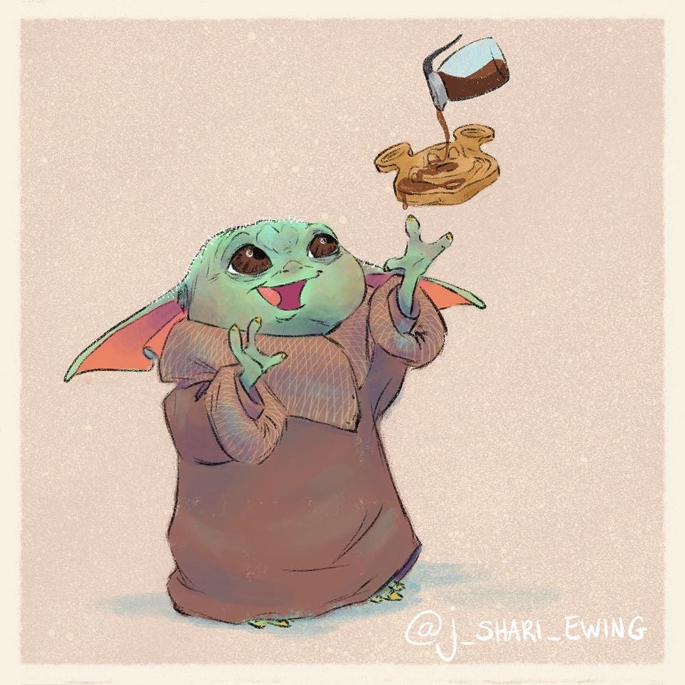Baby Yoda Eating a Mickey Waffle Illustrations of Baby Yoda Eating