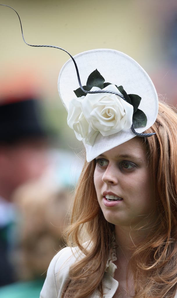 Two white roses accented Princess Beatrice's hat at day one of Royal Ascot 2009.