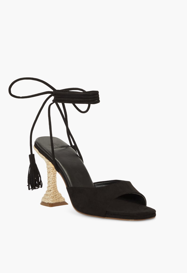 Ayesha Curry x JustFab Toni Ankle-Wrap Heeled Sandals in Black Caviar