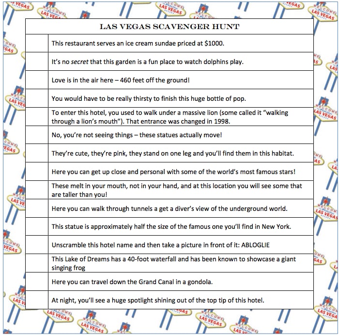 Printable Las Vegas Scavenger Hunt Printable Word Searches