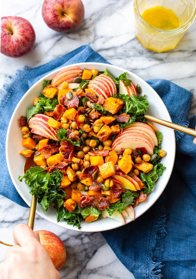 Roasted Sweet Potato and Chickpea Kale Apple Salad with Bacon