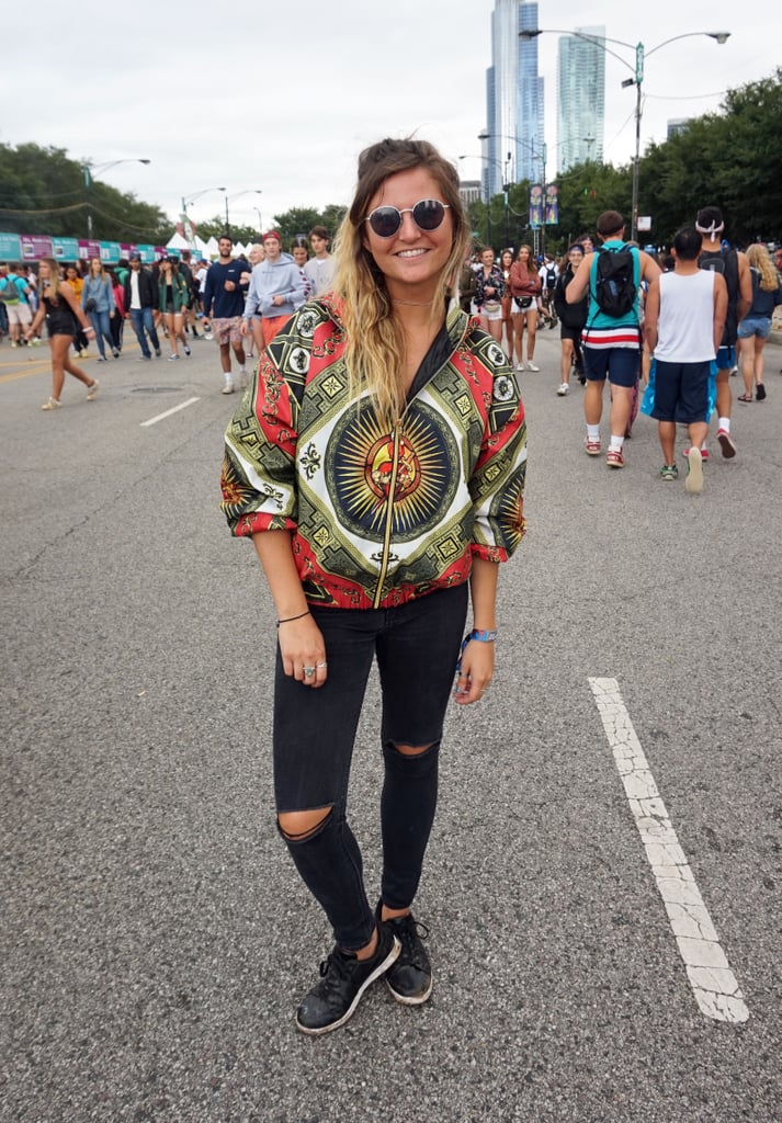 Trying to show a little skin at Lollapalooza but worried you might get cold? Take a cue from this festivalgoer, who zipped an eye-catching bomber over her black bikini top.