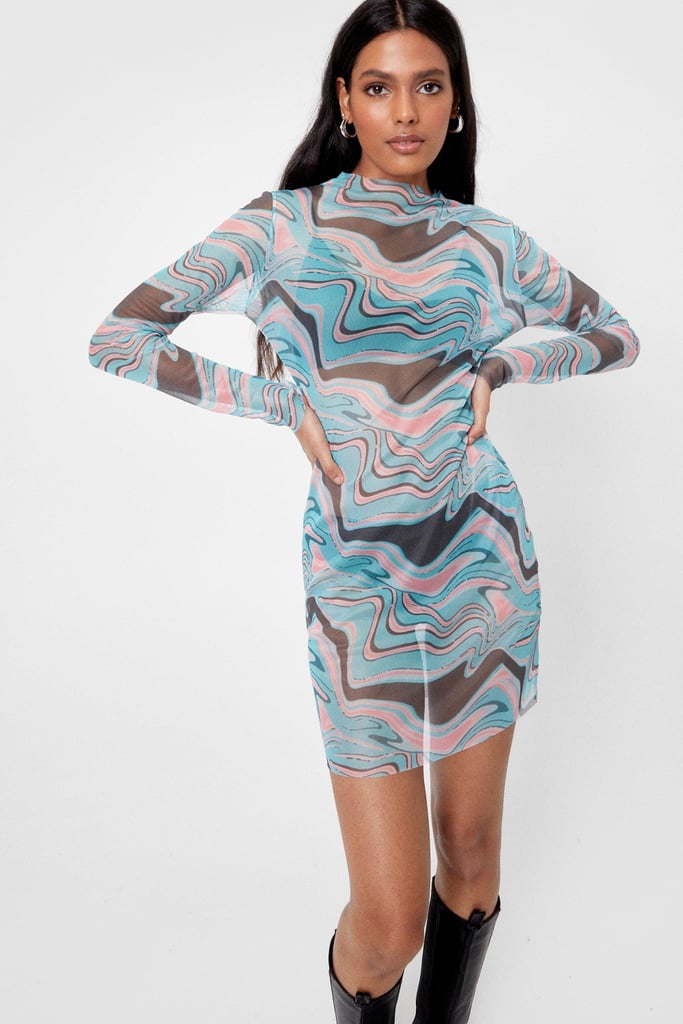 Nasty Gal Abstract Long Sleeve Mesh Mini Dress