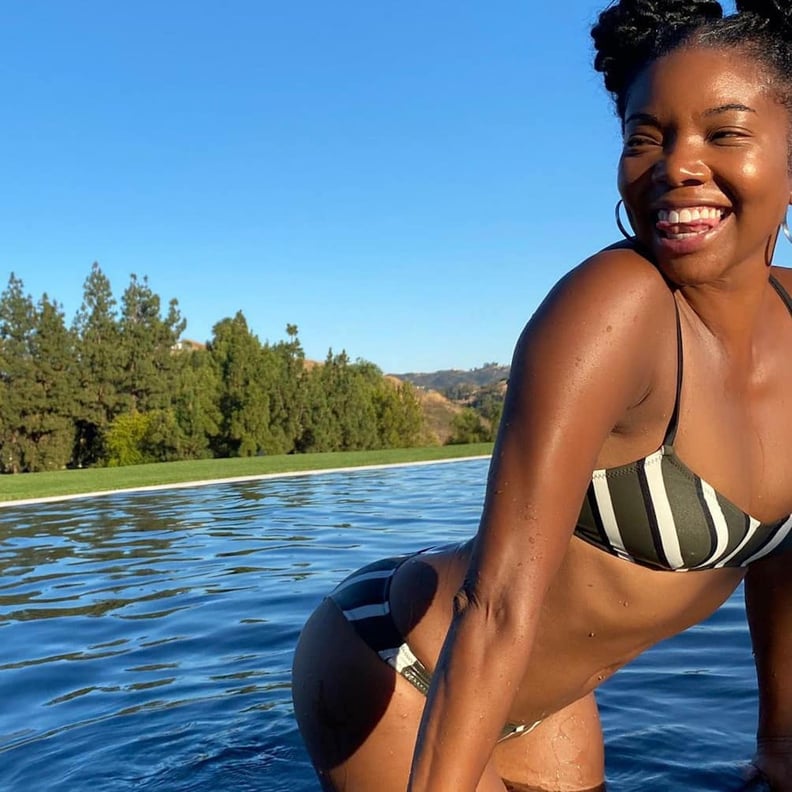 Gabrielle Union s Green Solid and Striped Bikini and Skirt