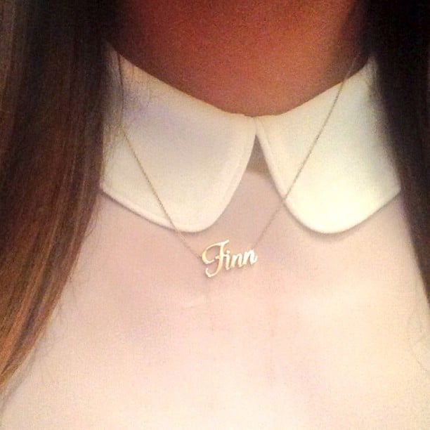 Lea wore a "Finn" nameplate necklace while filming Glee's tribute episode to Cory Monteith in August 2013.
Source: Instagram user msleamichele