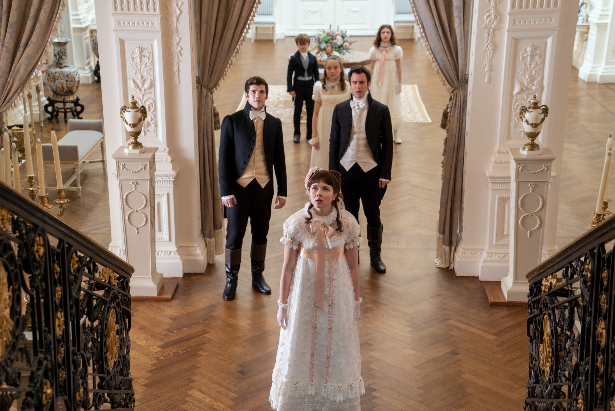 BRIDGERTON, from left: from left: Luke Newton, Will Tilston, Claudia Jessie, Ruby Stokes, Luke Thompson, Florence Hunt, Diamond of the First Water', (Season 1, ep. 101, aired Dec. 25, 2020). photo: Liam Daniel / Netflix / Courtesy Everett Collection