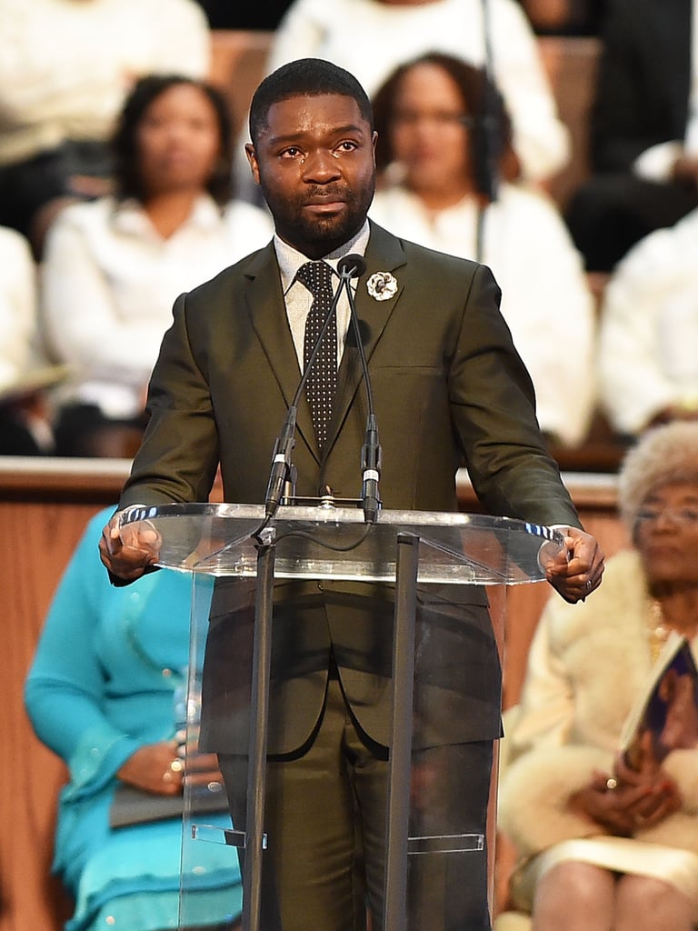 David Oyelowo spoke on stage during a commemorative service to Martin Luther King Jr. on Monday in Atlanta.