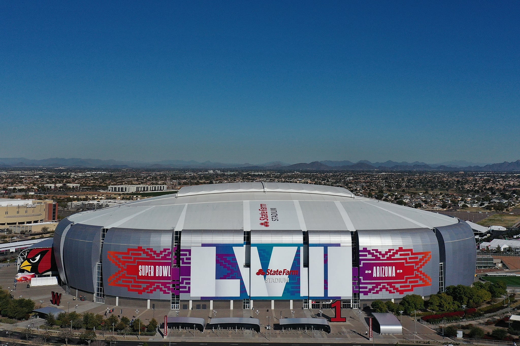 GLENDALE, ARIZONA - JANUARY 28: In an aerial view of State Farm Stadium on January 28, 2023 in Glendale, Arizona.  State Farm Stadium will host the NFL Super Bowl LVII on February 12.  (Photo by Christian Petersen/Getty Images)