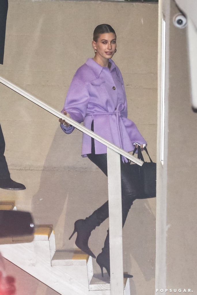 Hailey Baldwin in Lavender Coat With Justin Bieber