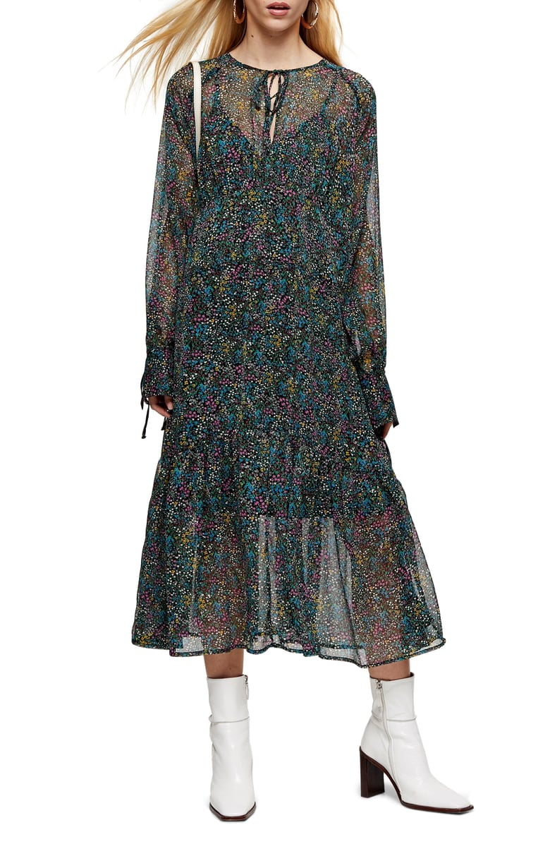 Topshop Ditsy Floral Chiffon Long-Sleeve Midi Dress