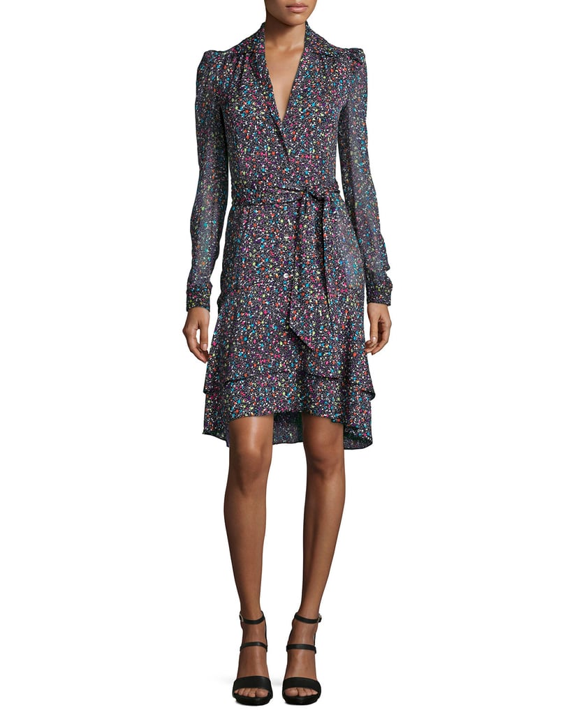 Diane von Furstenberg Tweed-Print Tie-Waist Long-Sleeve Dress, Multicolor ($598)