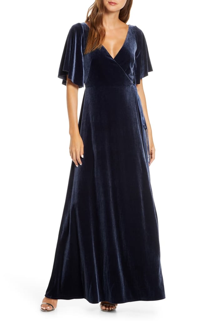 Jenny Yoo Marin Flutter-Sleeve Velvet Faux Wrap Evening Gown