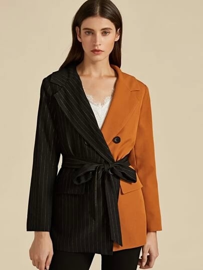 Shein Premium Double Breasted Spliced Wrap Belted Blazer