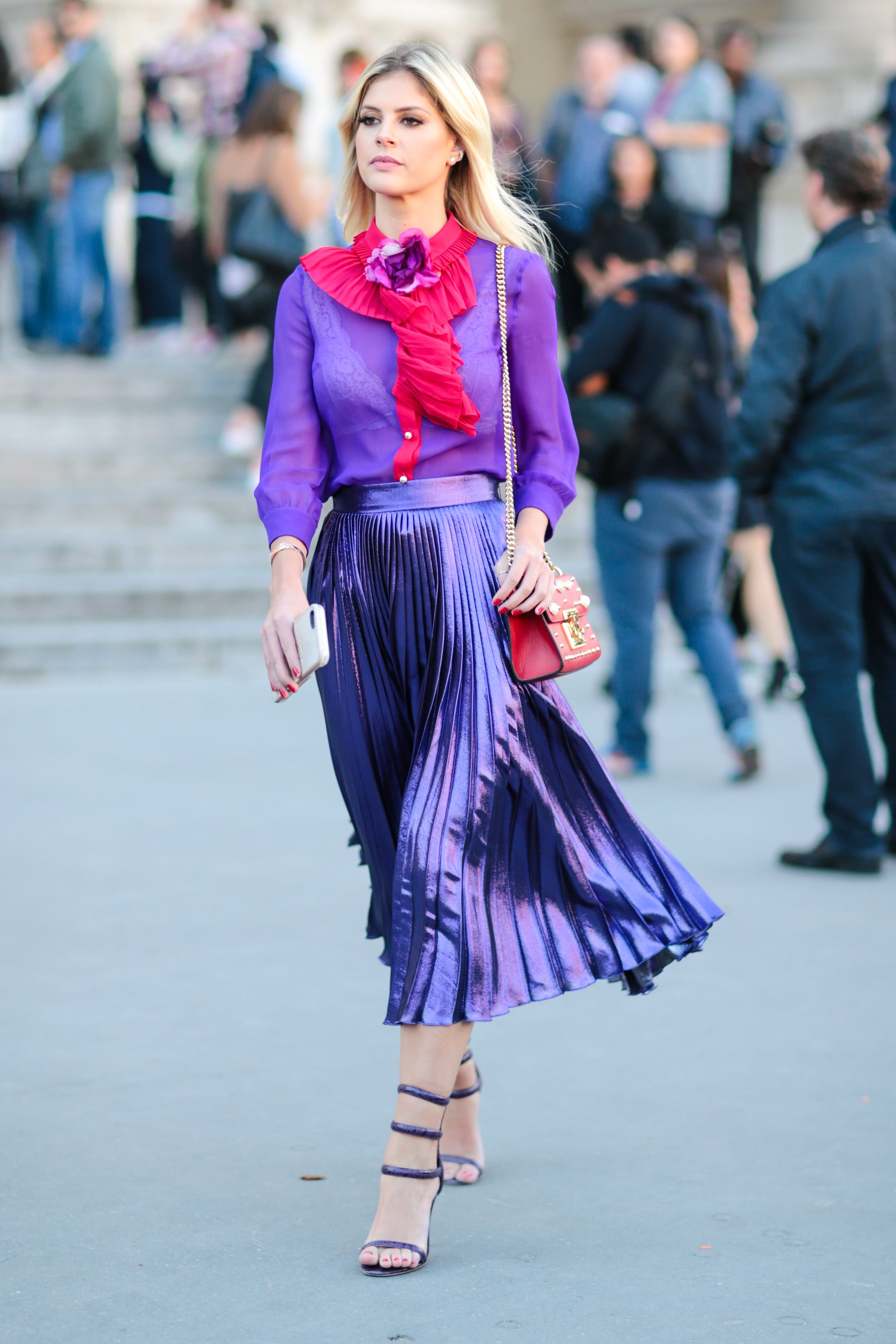 lavender and red outfit