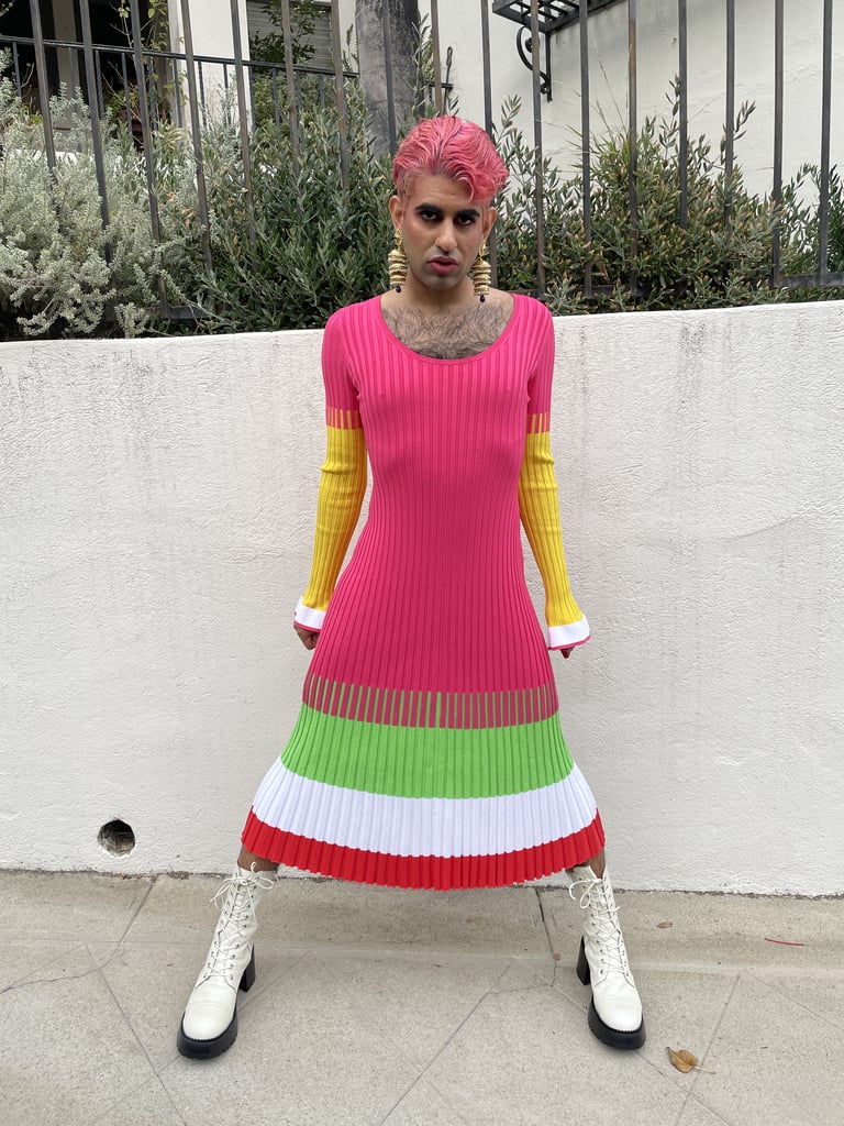 ALOK describes their second look as "something with more grit and stamina: representative of how we can and will trudge through this, cultivate the kind of conviction that ensures there is no going back."
PS: Prabal's new collection encourages self-expression. That is something you value and make known every day, especially with your #DeGenderFashion movement. How do your outfits today speak to that idea?

ALOK: I believe fashion should be a celebration of beauty, not binary. Dividing silhouettes, articles of clothing, colors, and prints on gender lines is actually contrary to fashion. My looks today are a celebration of wearing whatever the hell you want, regardless what other people think you should. It felt fitting to have my quarantine roommate photograph these outside. So often, self-expression is only permissible on a runway or a TV show, but I think it's important to bring it everywhere we go.
"I believe fashion should be a celebration of beauty, not binary. Dividing silhouettes, articles of clothing, colors, and prints on gender lines is actually contrary to fashion."
PS: What would you say is a Fashion Week outfit essential pre-pandemic, and what is a Fashion Week outfit essential now, even if it's just something you wear at home?
ALOK: For me, fashion has always been less about what you wear, and more about how you wear it. I say curiosity was and continues to be essential. Curiosity is the anecdote to stagnancy. It helps us continually move in new and exciting directions.
PS: In your opinion, what does it mean to dress with courage?
ALOK: It means to prioritize your joy over their shame. It means to dress for yourself, not other people's ideas of what you should look like.
