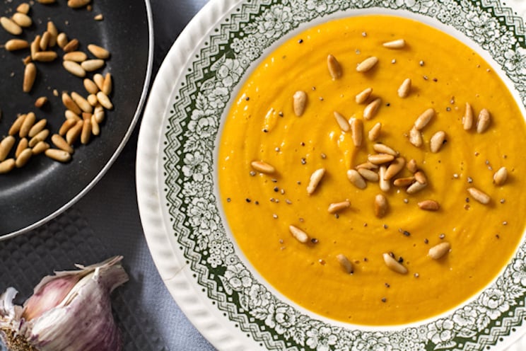 Sweet Potato, Caramelised Garlic, and Pine Nut Soup
