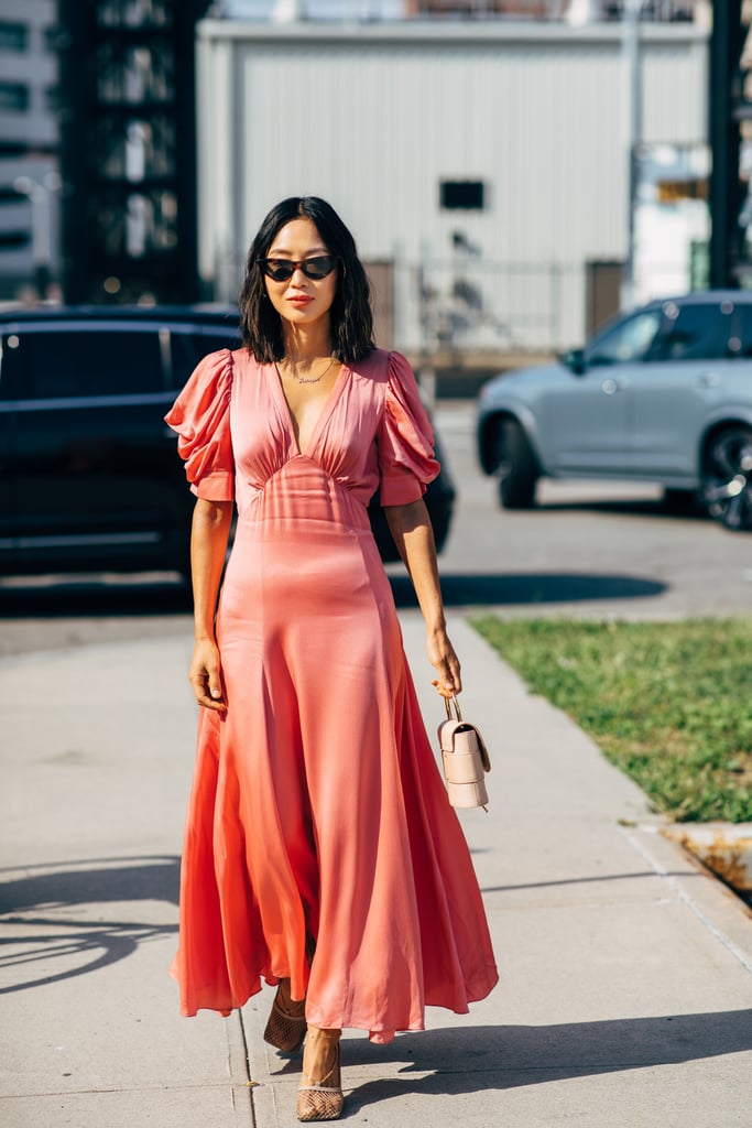 Work a romantic coral silk slip with neutral-toned accessories.