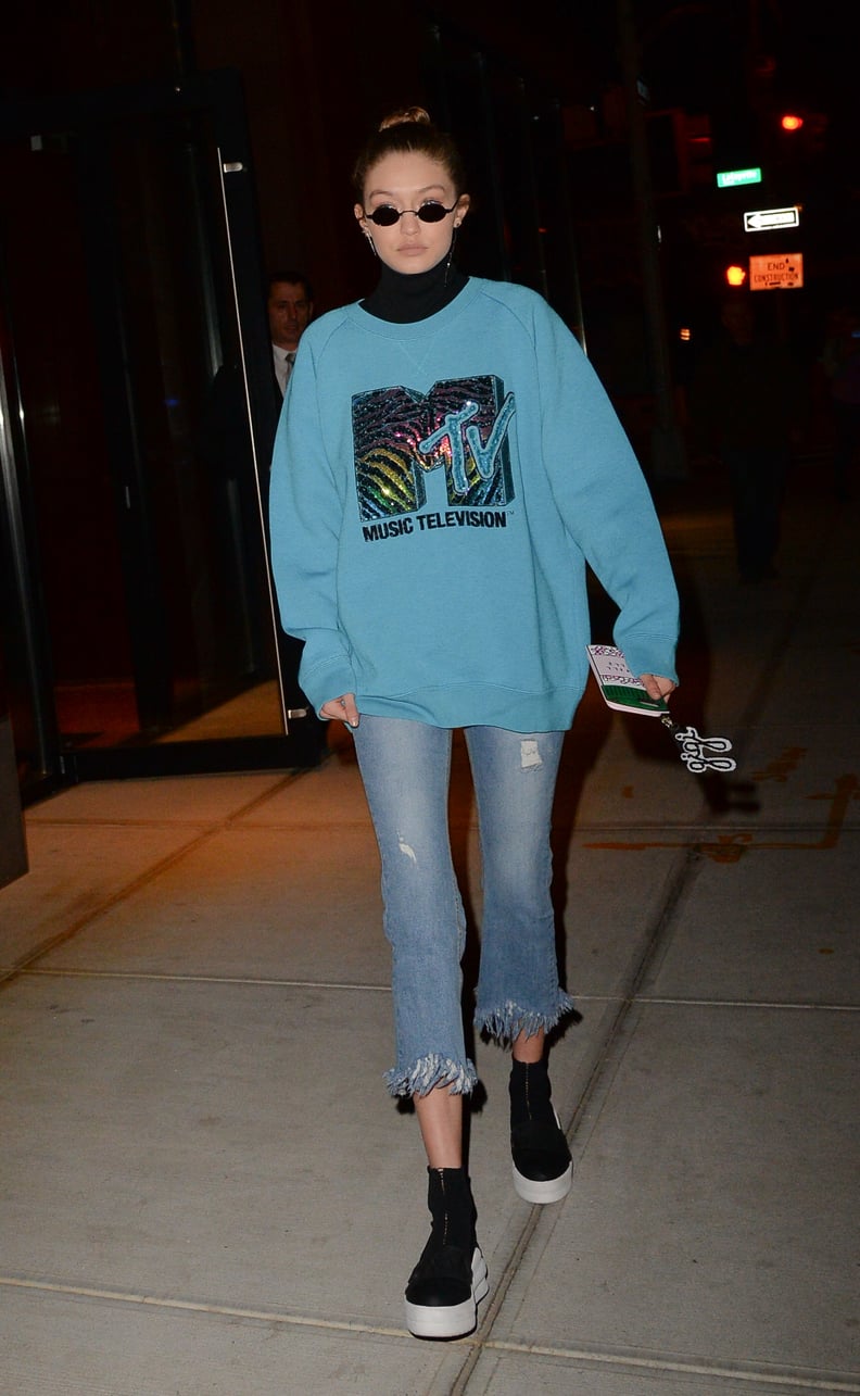 Gigi Hadid in Her MTV Sweatshirt and Bella's Roberi & Fraud Sunglasses