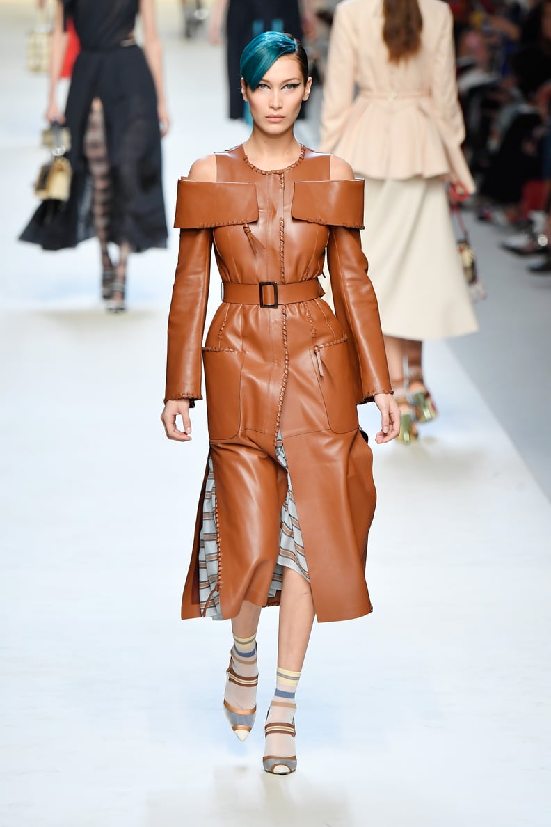 Bella Modeled a Brown Leather Trench and Blue Hair on the Fendi Runway
