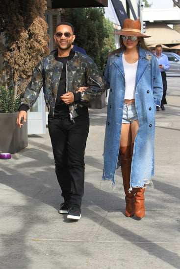 Chrissy Teigen Wearing Denim Shorts While Pregnant Popsugar Fashion