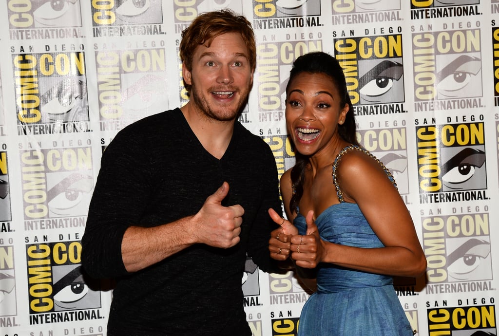 Chris Pratt and Zoe Saldana gave their thumbs-up on the red carpet for the Guardians of the Galaxy event in 2013.