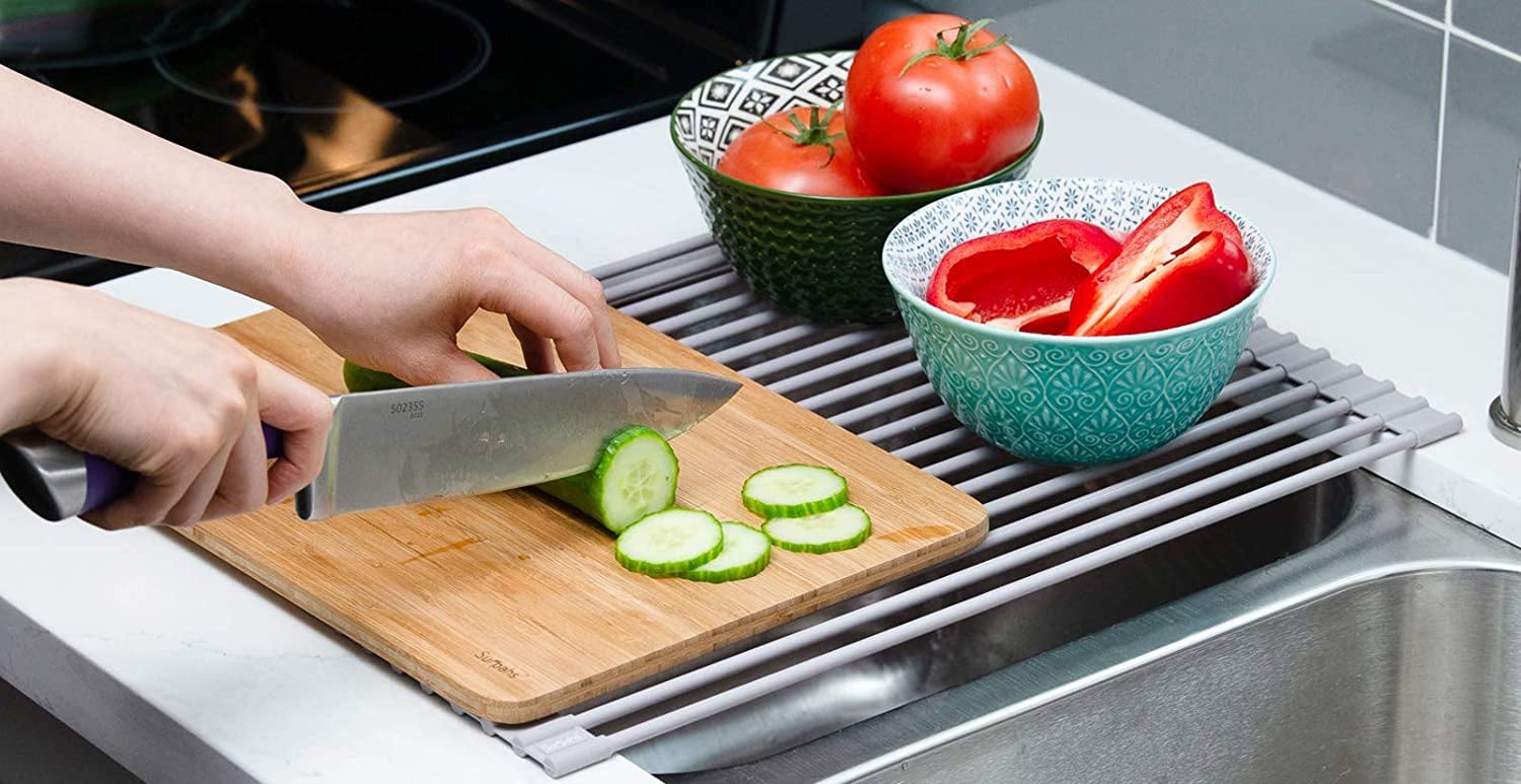 N/A2 Roll Up Dish Drying Rack - Over The Sink Drying Rack with Utensil  Holder + Multipurpose Sink Cover Stainless Steel Silicone Portable Dish