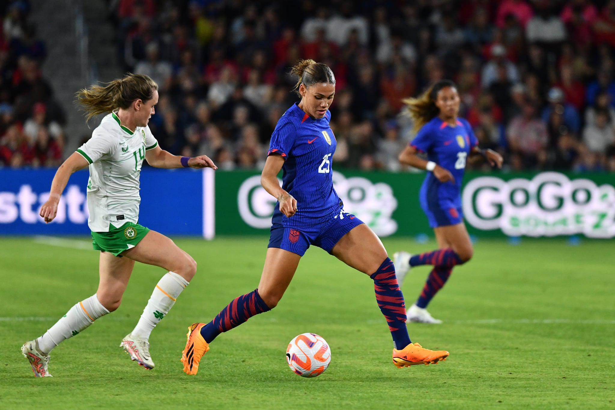 How long is a soccer game? photo of Trinity Rodman playing with the USWNT against Ireland