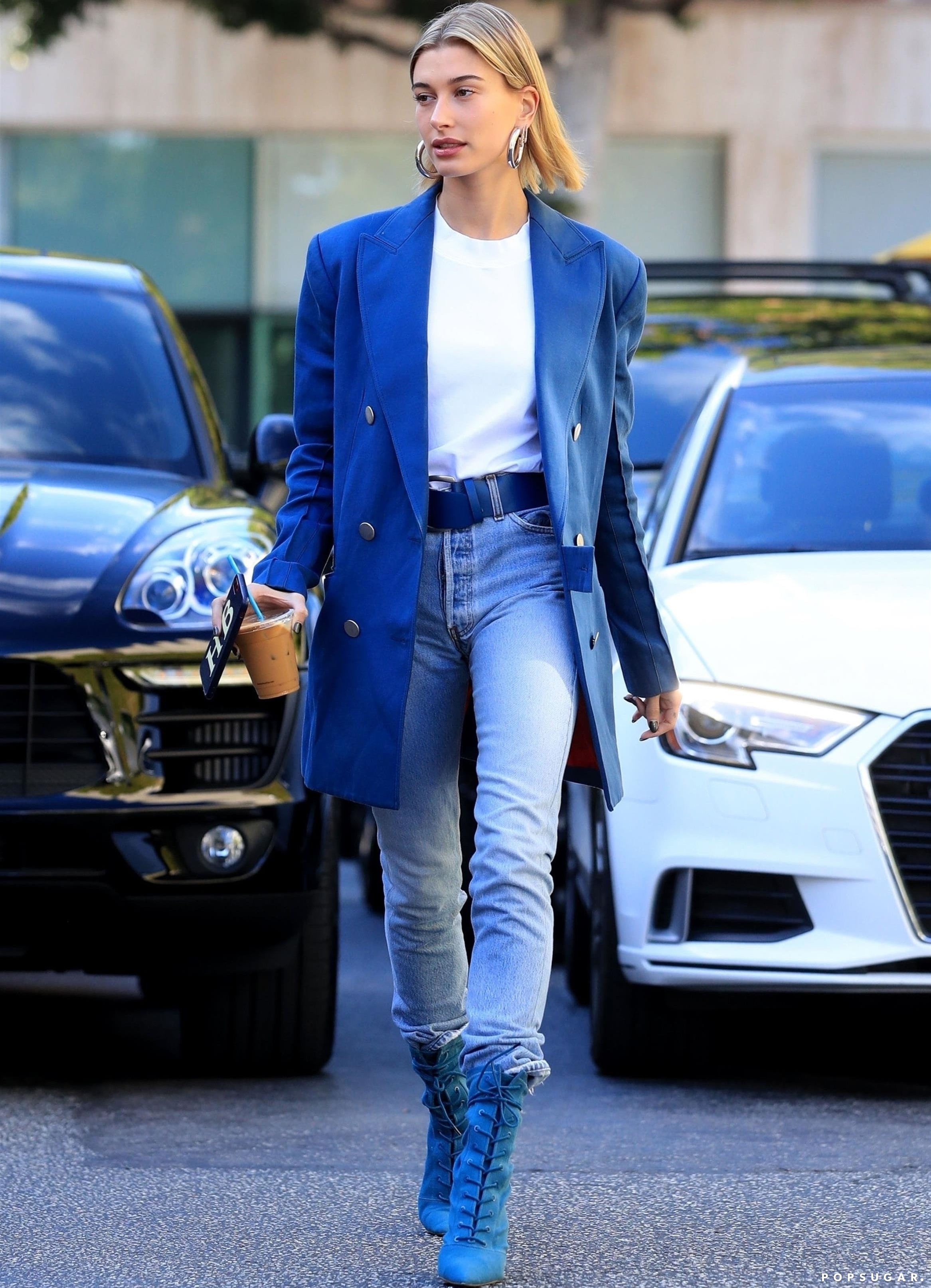 Hailey Baldwin Blue Yeezy Boots POPSUGAR Fashion