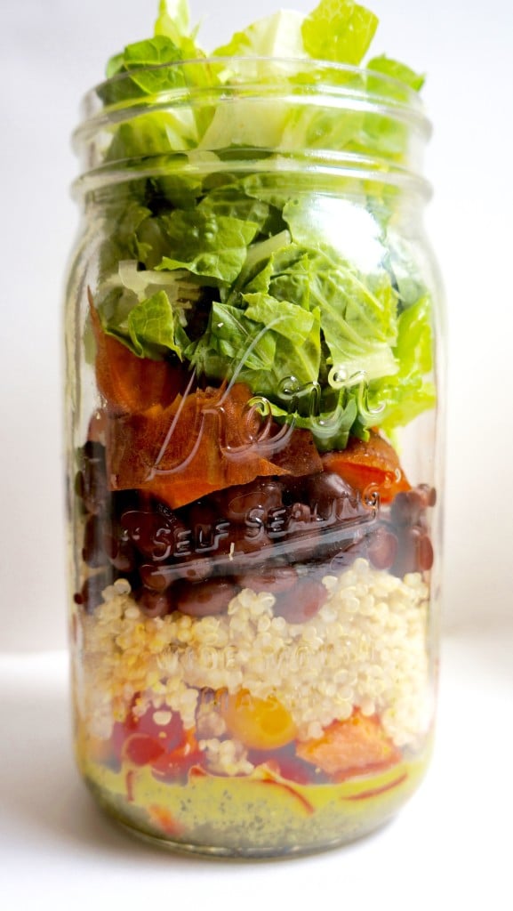 Quinoa and Sweet Potato Vegan Burrito Bowl Mason Jar Salad