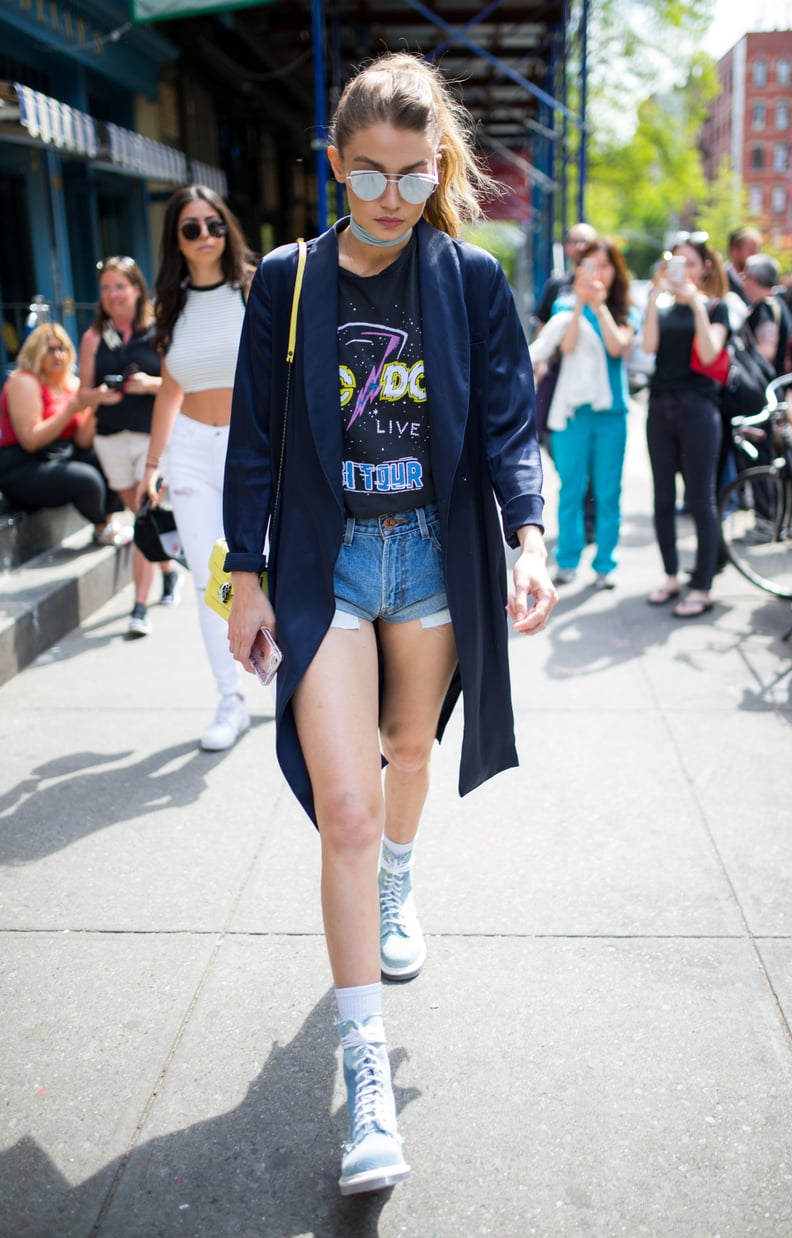 Gigi Stepped Out in  Denim Cutoffs and a Tee, Which She Paired With a Duster and Choker
